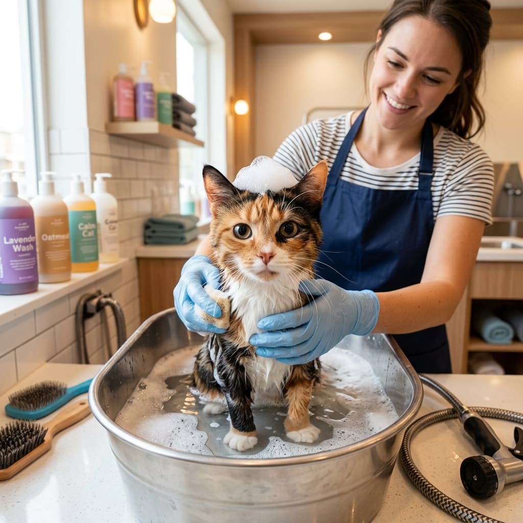 Kucing mandi di salon grooming